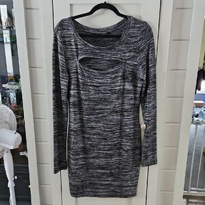 #172 Seven Sisters Gray Black Fleck Peekaboo Breast  Midi Dress Sz Large Ptp 19+